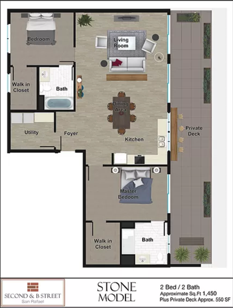 Floor plan for 2 beds, 2 baths, 1450 sqft